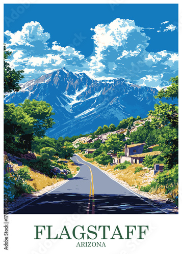 Scenic vector illustration in vintage travel poster style depicting a highway winding toward the massive snow-capped mountains of Flagstaff, Arizona.