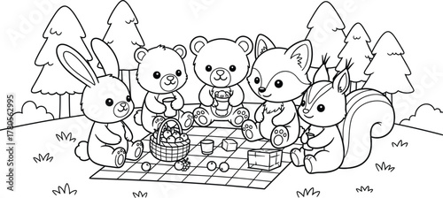 Cute Cartoon Forest Animals Having a Picnic Coloring Page Vector Illustration
