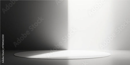Empty stage with a spotlight, an empty podium for an exhibit, and a blank wall in a clean, open gallery hall