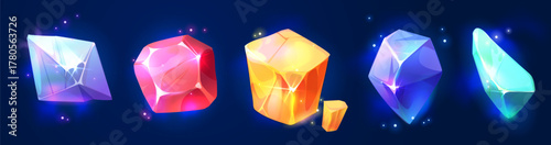 Color gem stones set isolated on background. Vector cartoon illustration of shimmering red, blue, yellow crystals, treasure game design elements, magic gemstones shining, fantasy jewels, casino icons