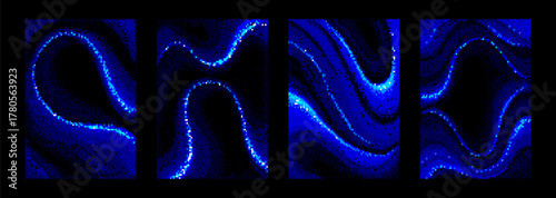 Neon pixel gradient backgrounds with glowing bitmap curves and flowing patterns in electric blue shades. Digital game assets or retro style interface textures for arcade and cyberpunk projects.