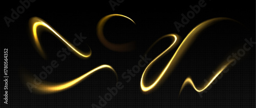 Golden glow light twirl with magic wave curves and luminous effect on transparent background. Shiny line trails, flowing motion elements for abstract design, luxury presentations or festive decoration