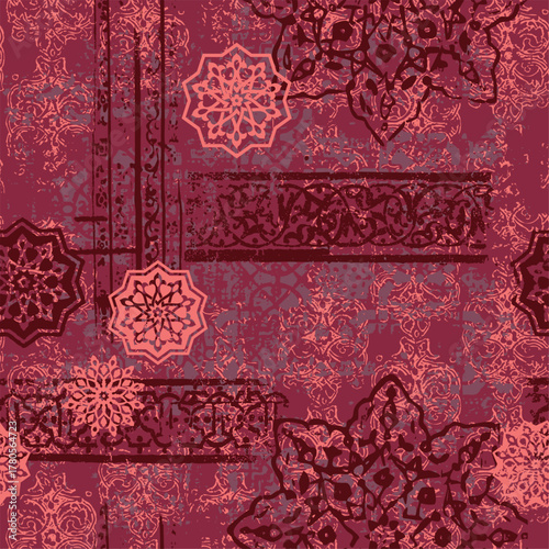 Indian silk arabesque paisley motifs patchwork grunge vector seamless pattern for fabric carpet rug blanket scarf pillow