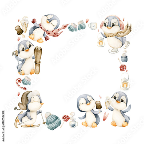 Cute Penguins Winter Fun Sports Frame. Watercolor hand drawn illustration isolated on white background for Valentine