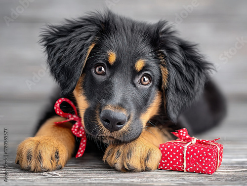 a Christmas puppy with a pr...