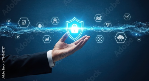 Protecting digital assets and data security in a connected world with a glowing shield icon