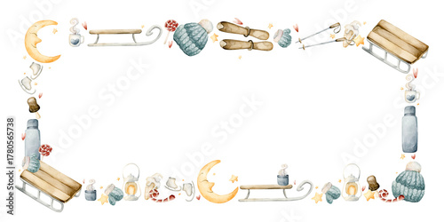 Wooden sleigh, skis, ice skates, winter wear frame. Watercolor hand drawn illustration isolated on white background