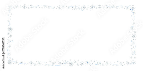 Cute winter snowflakes frame. Falling snow flakes. Watercolor hand drawn illustration isolated on white background