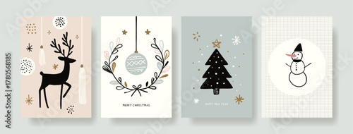 Scandinavian Christmas card set with minimalist line art reindeer, snowman, tree, and ornament. Modern Nordic holiday design in beige and green. Clean winter vector illustration