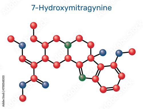 7-Hydroxymitragynine indole alkaloid from kratom. Chemical structure. Molecular model. Vector Illustration