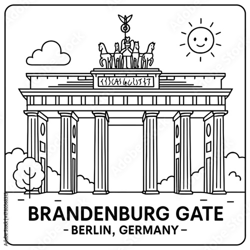 Line art illustration of brandenburg gate in berlin with sun and cloud outline drawing