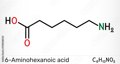6-Aminohexanoic acid, aminocaproic acid, EACA molecule. Antifibrinolytic drug and lysine analog. Chemical structure. Vector illustration