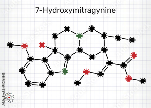 7-Hydroxymitragynine indole alkaloid from kratom. Sheet of paper in a cage. Chemical structure. Vector illustration