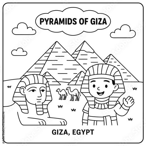 Coloring page depicting pyramids of giza, sphinx, pharaoh and camels in egypt landscape