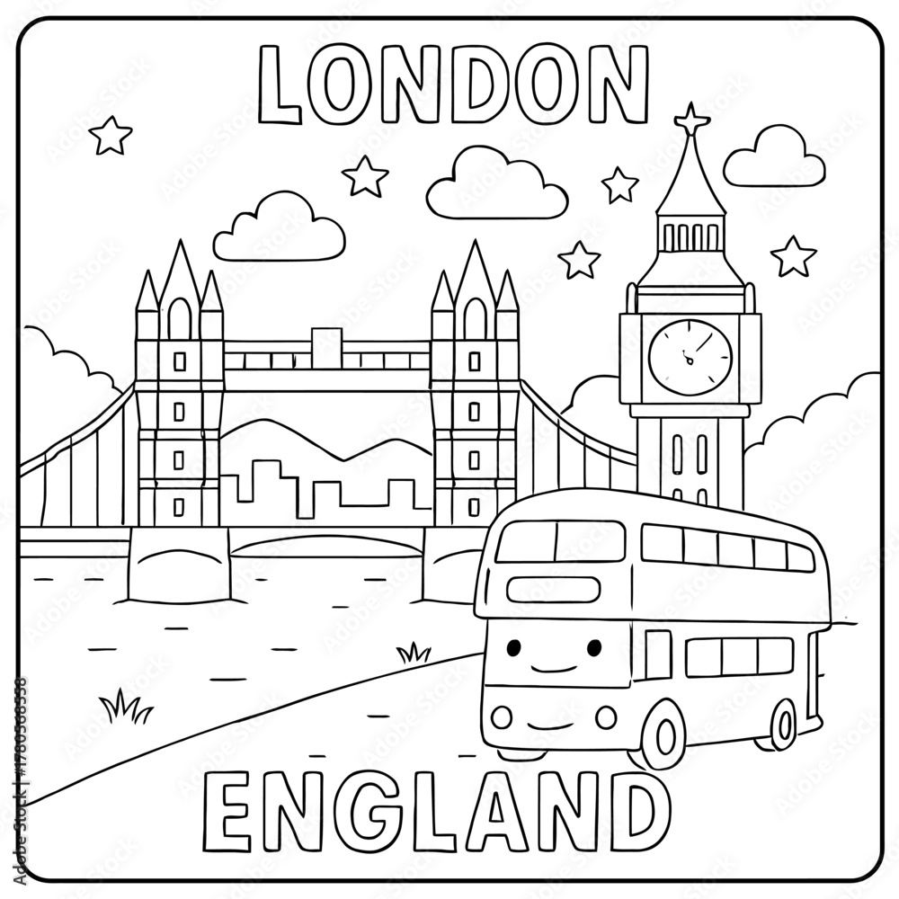 Naklejka premium Coloring page of london featuring tower bridge big ben and a double decker bus cartoon