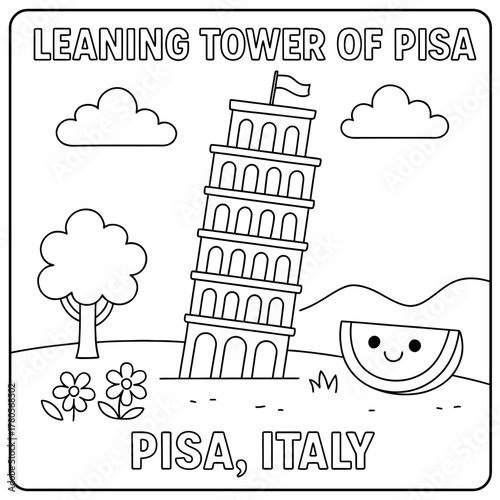 Coloring page of the leaning tower of pisa with clouds tree flowers and watermelon slice