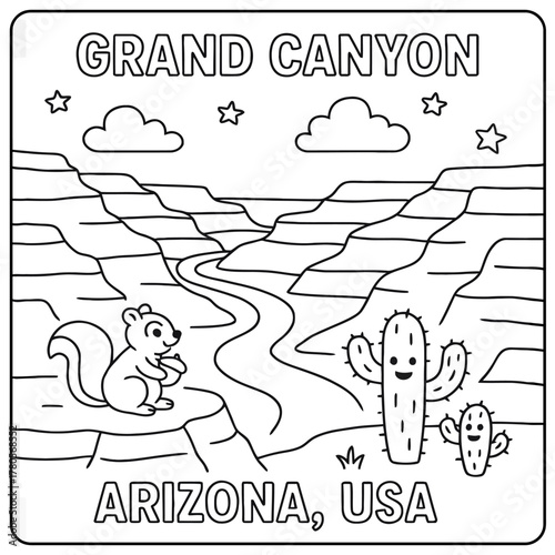Grand canyon arizona usa coloring page with squirrel cactus clouds and stars outline