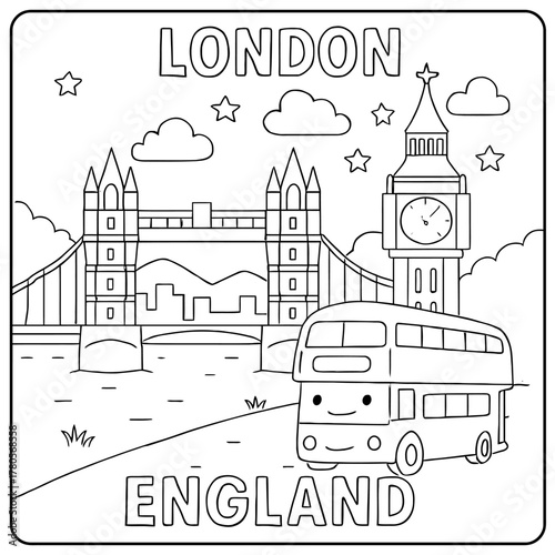 Coloring page of london featuring tower bridge big ben and a double decker bus cartoon