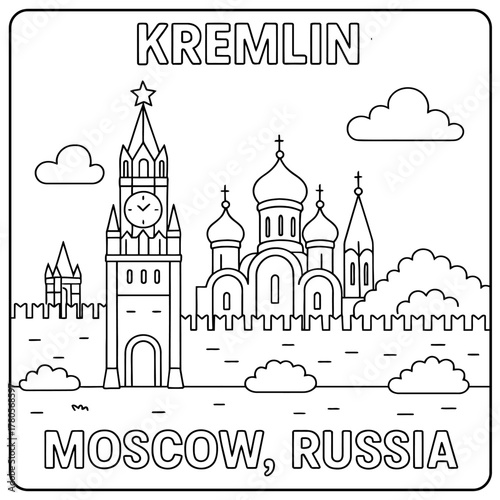 Line art illustration of the kremlin in moscow russia with clouds and architectural details