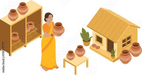 Isometric illustration of Indian woman holding clay pot, traditional pottery workshop, handmade earthenware crafts, rural village artisan, cultural heritage scene