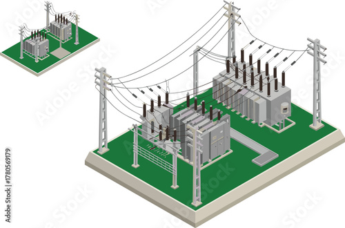 Isometric 3D illustration of electrical substation with transformers, power lines and circuit breakers, energy distribution and industrial electricity infrastructure