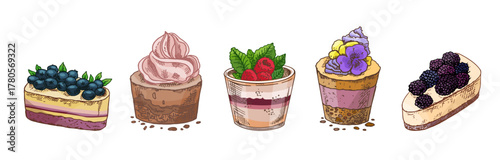 Tasty Creamy Sweet Dessert. Vintage Vector Monochrome Illustration. Hand drawn sketch of Delicious Cake With  blueberries.  Design Gastronomy Product element.