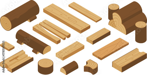 Isometric illustration of various wooden planks and logs in different shapes and sizes, lumber material collection for woodworking design