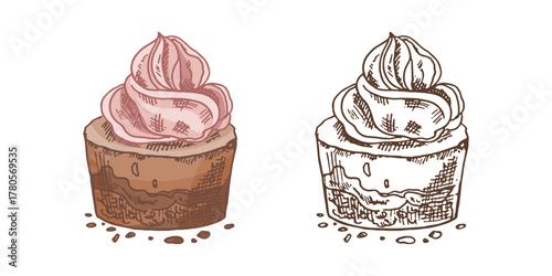 Tasty Creamy Sweet Dessert. Vintage Vector Monochrome Illustration. Hand drawn sketch of Delicious Cup cake With cream top.  Design Gastronomy Product element.