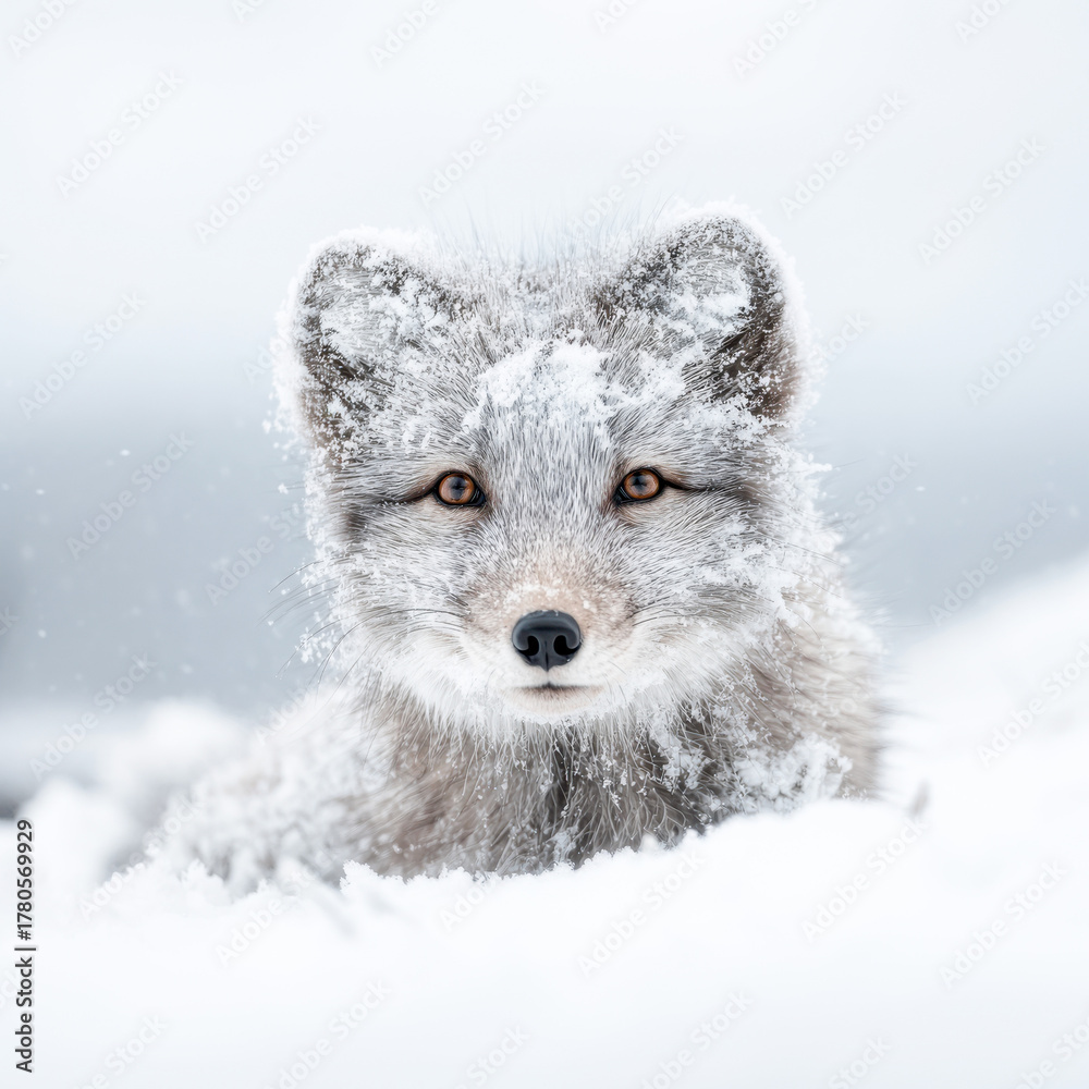 Naklejka premium Wild arctic fox blends into snowy winter landscape in a quiet Arctic setting