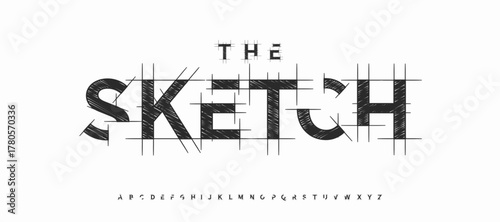 Pencil Drawn Blueprint Font, Sketch Architectural Alphabet, Geometric Cutout Letters, Minimalist Architect Type for Creative Architecture Logo, Building Engineering Typographic Design. Vector Typeset
