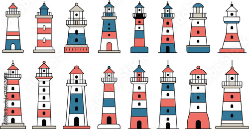 Set of colorful lighthouse vector illustrations, maritime navigation beacon icons, coastal architecture design collection, red white blue striped towers, ocean theme