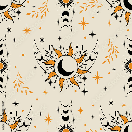 Magic seamless vector pattern with herbs, moons and stars. Boho pattern for astrology, esoteric, tarot, mystic and magic. 