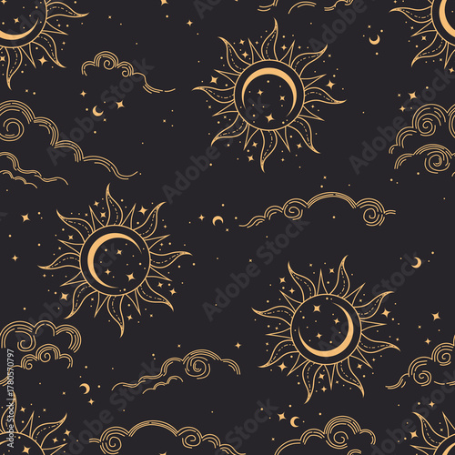 Vector seamless pattern with sun and clouds. Mystical esoteric background for design of fabric, packaging, astrology, phone case, wrapping paper.