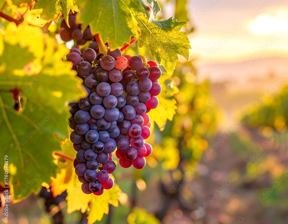 Fototapeta premium Close-up of ripe purple grapes hanging from vines in a vineyard at sunrise