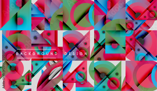 Abstract geometric pattern. Vibrant colors overlap, creating dynamic visual texture. Squares, circles, triangles dominate composition.