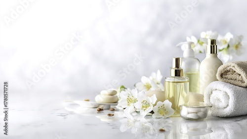 Bottles of skincare products, flowers, and towels arranged on a marble surface with soft lighting