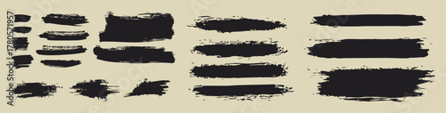 Collection of black paint brush stroke textures on a beige background. Set of grunge brush marks perfect for design, banners, and digital art. Bold artistic strokes with a rough, handmade look.