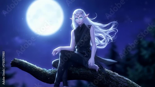 Enigmatic character with long flowing hair sits gracefully on a tree branch under a luminous moon, showcasing ethereal beauty and serene atmosphere, camera slowly zooms in