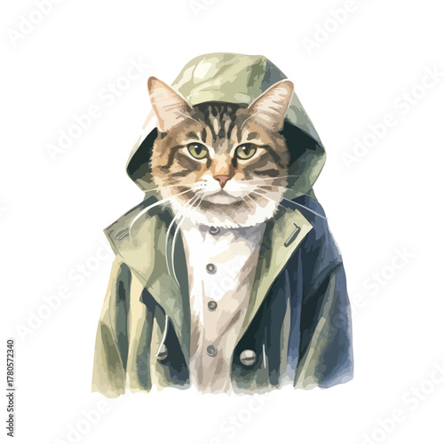 Stylish Cat in a Green and Blue Waterproof Jacket