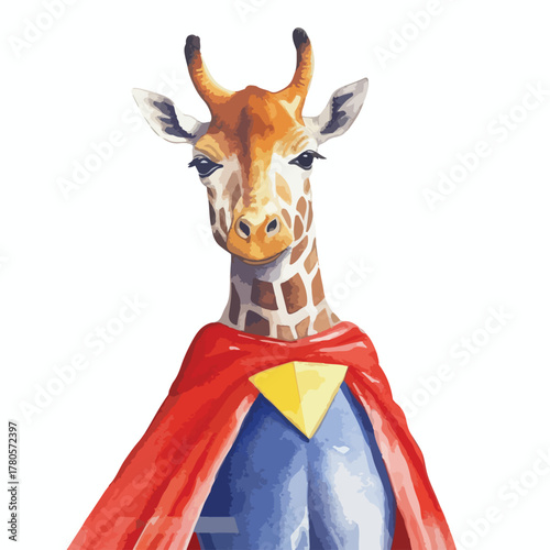 Superhero Giraffe Wearing Costume with Red Cape and Emblem Front View