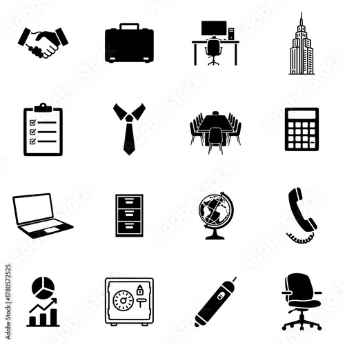 Black and White Office and Business Vector Icons Set