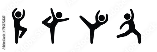 Black Silhouette Stick Figures Performing Various Yoga Poses on a White Background