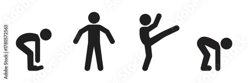 Black Stick Figures Depicting Various Stretching and Exercise Positions on White Backdrop