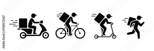 Delivery Methods Icons Scooter, Bicycle, Kick Scooter, and Running Courier Silhouette