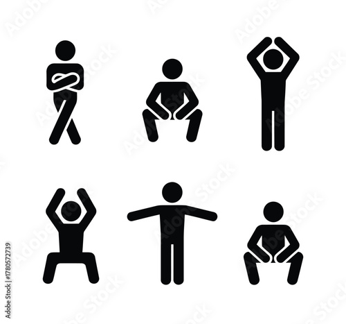Six Black Stick Figures Demonstrating Different Yoga Poses on a White Background