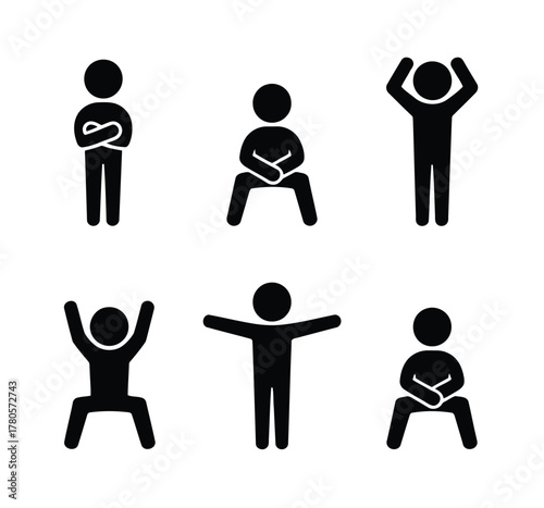 Six Silhouetted Figures Displaying Various Poses and Gestures on a White Canvas