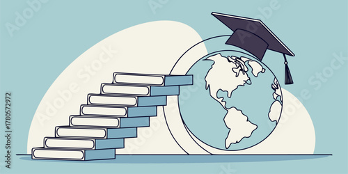 Study abroad education concept vector, featuring globe with graduation cap on book for academic and international learning design.