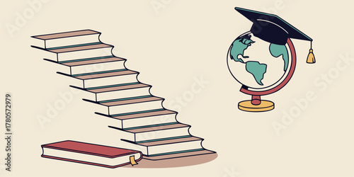 Vector illustration of globe, graduation cap on book, symbolizing education, study abroad programs, and global learning concept.