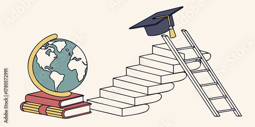 Education vector illustration of globe topped with graduation cap on book, symbolizing study abroad programs and global learning.