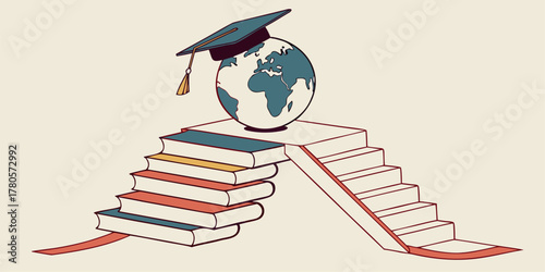 Education and study abroad vector design, globe and graduation cap on book, representing international academic programs.